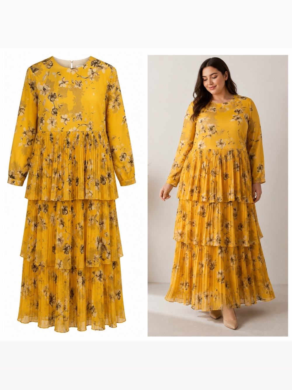 Annah Hariri Yellow Maxi Dress Floral Long Sleeve Button 22 Modest Halal EUC 🟡